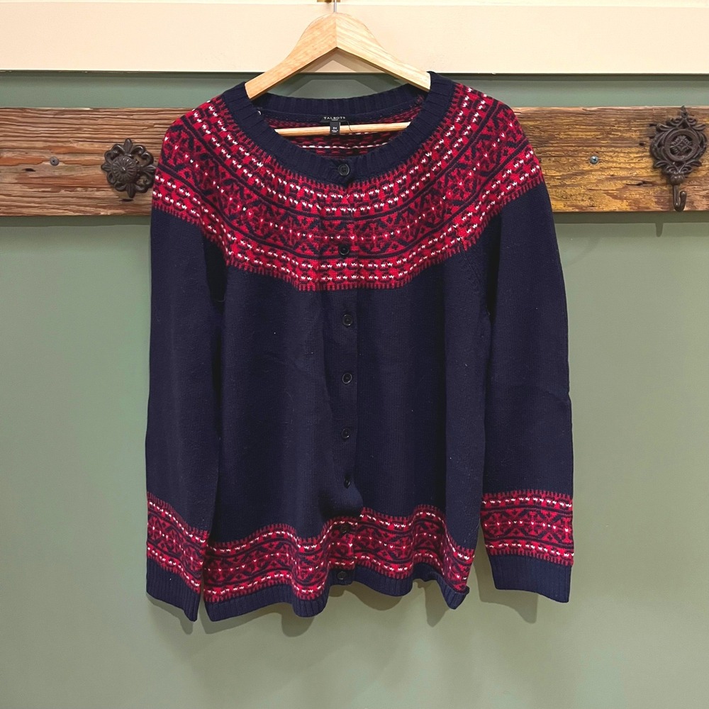 Talbots Woman Navy Red Fair Isle Lambswool Blend Button Cardigan Sweater 3X